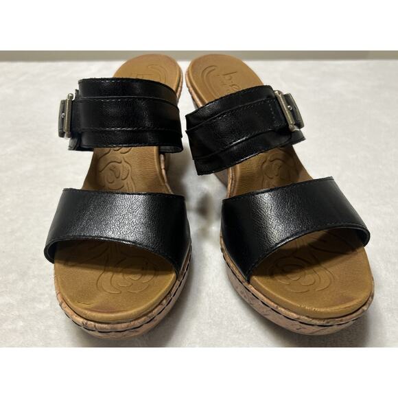 Born BOC Wedge Heels Size 8 Black Brown Leather Cork Open Toe Buckle Slip On - Picture 1 of 9